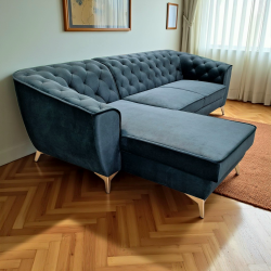 coltar tip chesterfild, extensibil cu lada, pentru living, cu picioare inalte, Luis 1, albastru