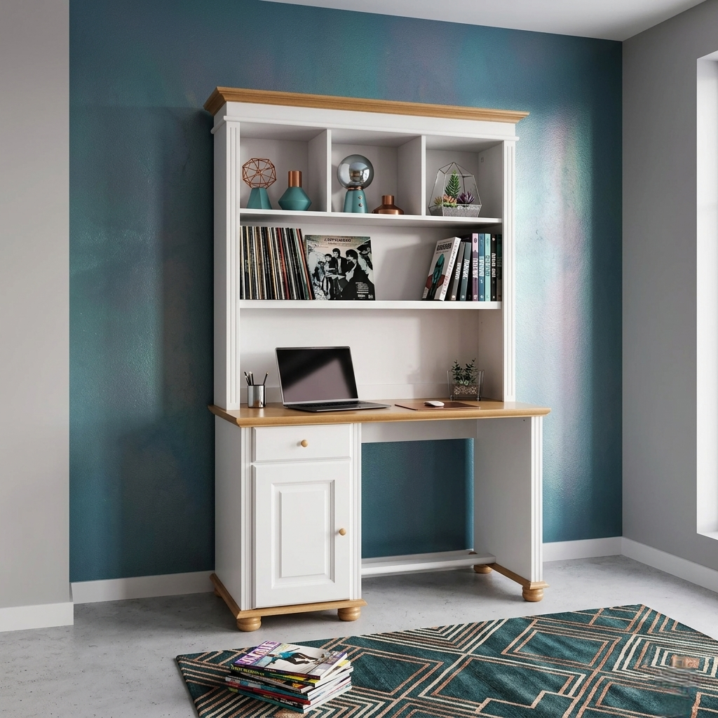 Birou lemn masiv Seva cu etajeră – compact și modern