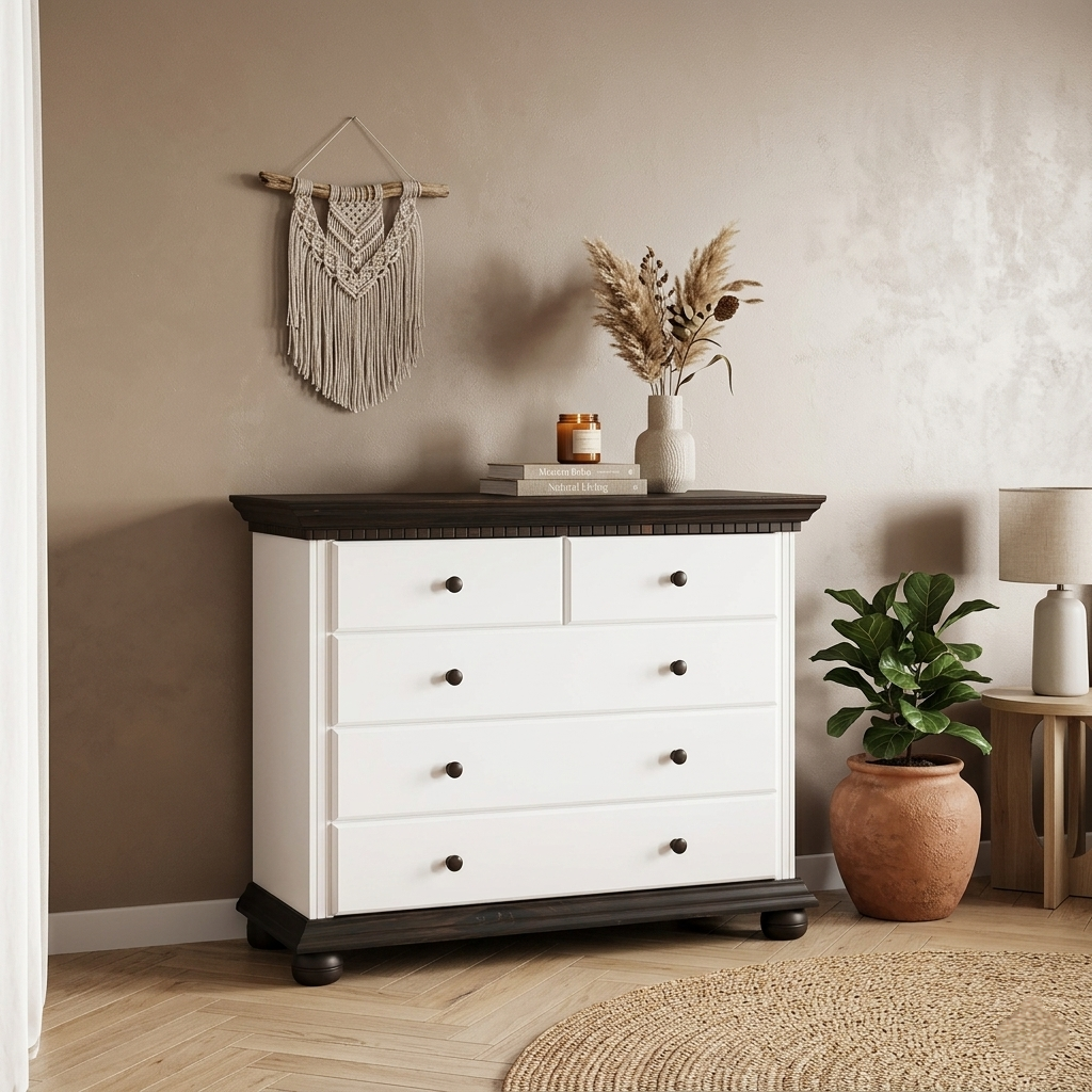 Comodă Bucov din lemn masiv alb cu nuc – 5 sertare