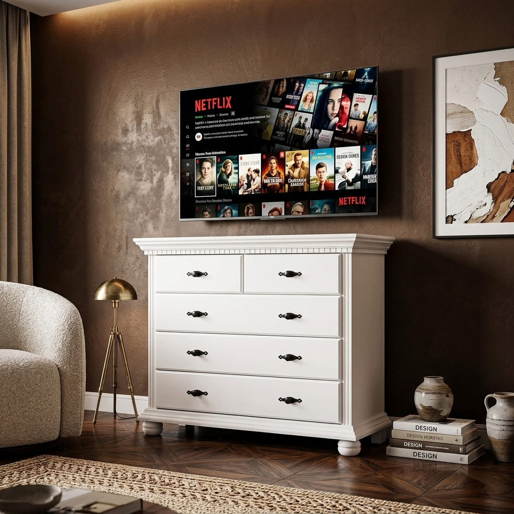 Comodă Bucov din lemn masiv albă – 5 sertare