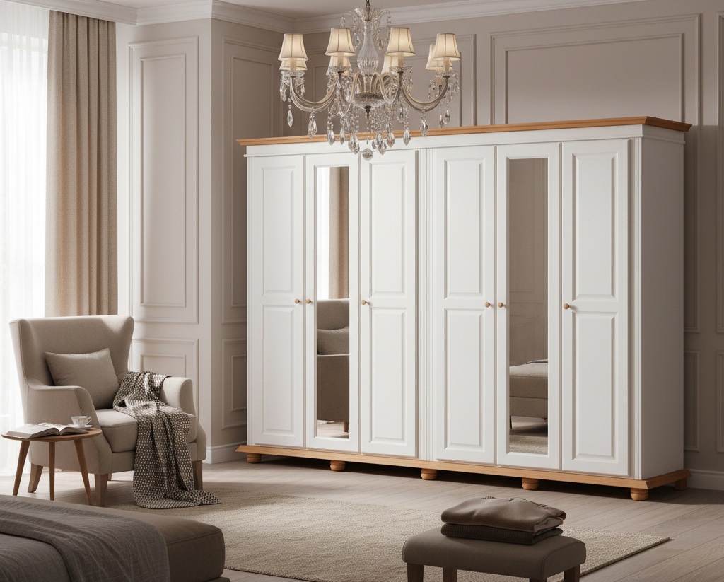 Dulap Seva 3 Usi - Lemn Masiv Alb cu Natur - Elegant si Rezistent