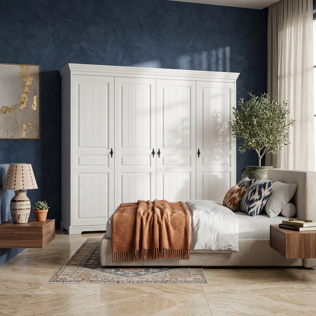 Dulap lemn masiv 4 uși alb – dulap clasic elegant Cleo