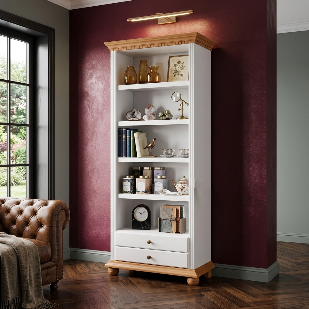 Etajeră Îngustă Lemn Masiv Alb cu Natur Bucov – Design Cald Natural