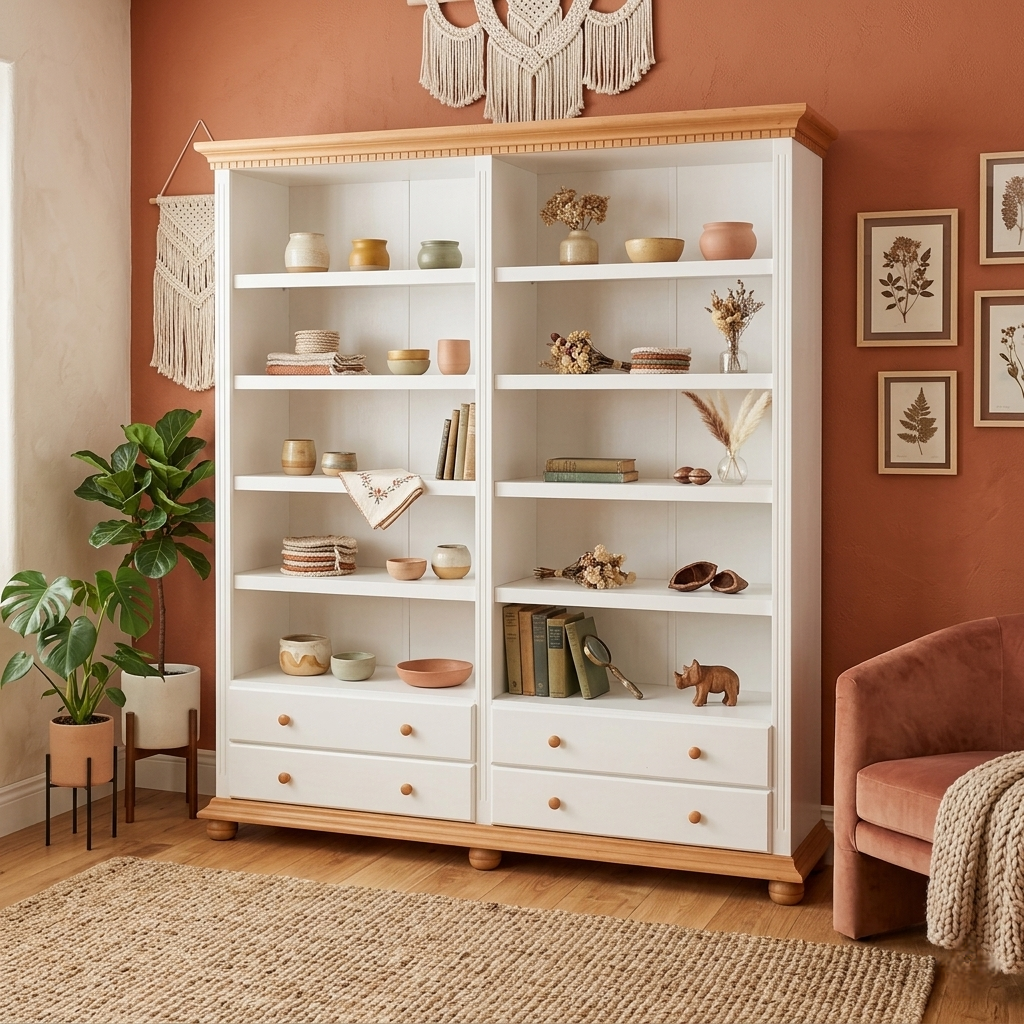 Etajeră Dublă Lemn Masiv Alb cu Natur Bucov – Design Cald Natural