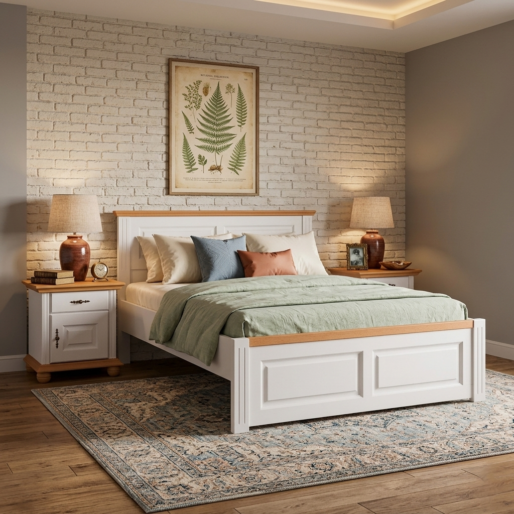 Pat lemn masiv 180x200 Seva cu tăblie mică – alb, natur sau nuc, confort king size modern